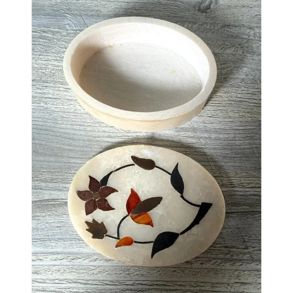 Stone Inlay Jewelry Box Marble Floral Mosaic Trinket Jewelry Box Oval Vtg Decor